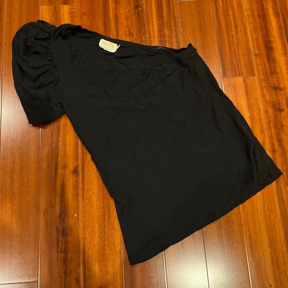 NATION Black Tee Top One Shoulder Puff Short Sleeve‎ Size Small
